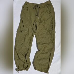 Forever 21 Linen Blend Cargo Pant Ws L Olive Green Parachute Utility Drawstring